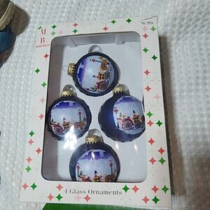 VINTAGE MERRY & BRITE GLASS BLUE SCENERY ORNAMENT SET OF 4